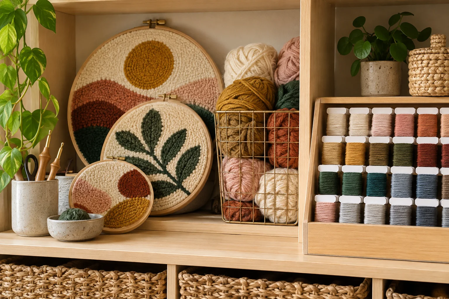 Pelotes séparées, accessoires et tambours de punch needle dans un rangement en bois
