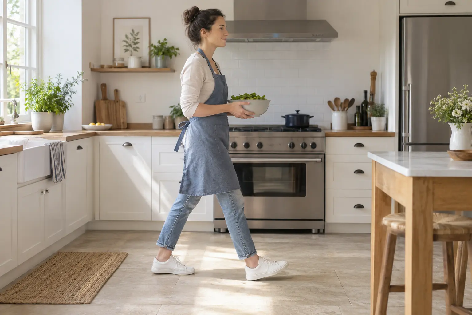 Personne marchant en cuisine avec un tablier arrivant au genou