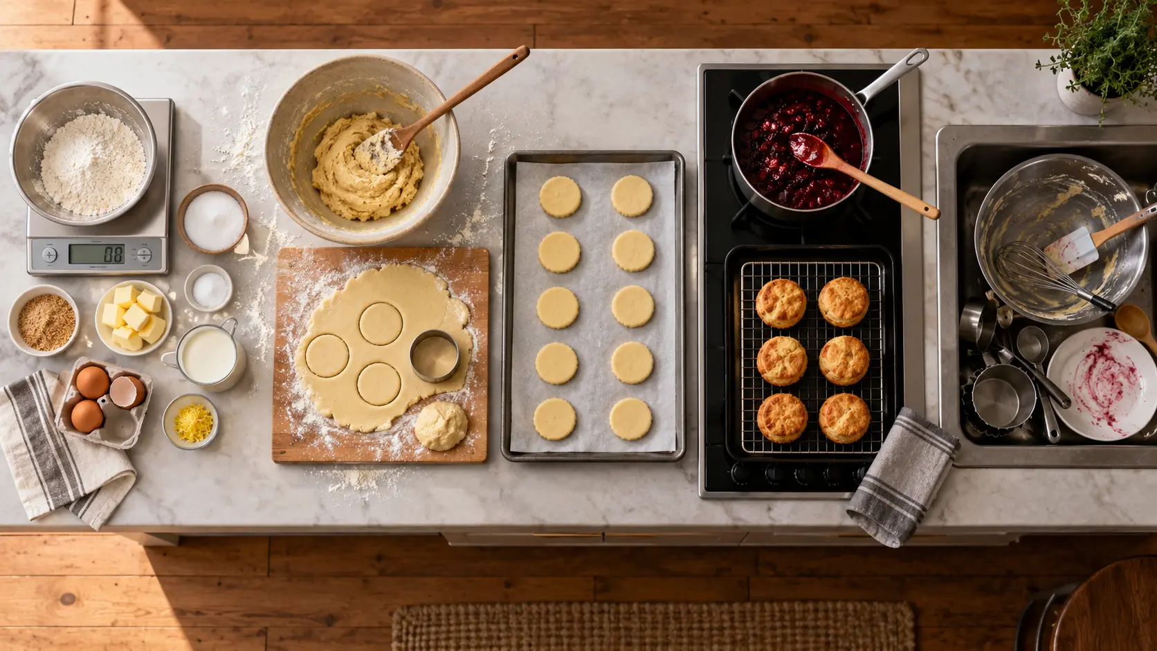 Poste de pâtisserie compact avec ingrédients pesés et zones de travail ordonnées